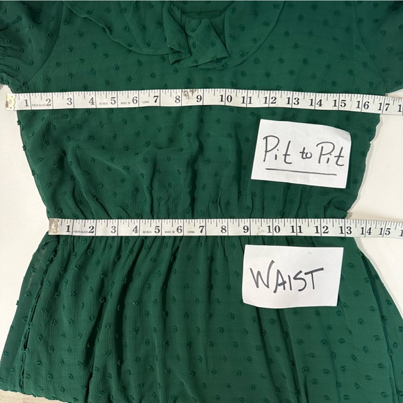 MONTEAU Green Dress Eyelets Lace Sheer Ruffle Botton/Sleeves V-Neck Belt… - Picture 9 of 11